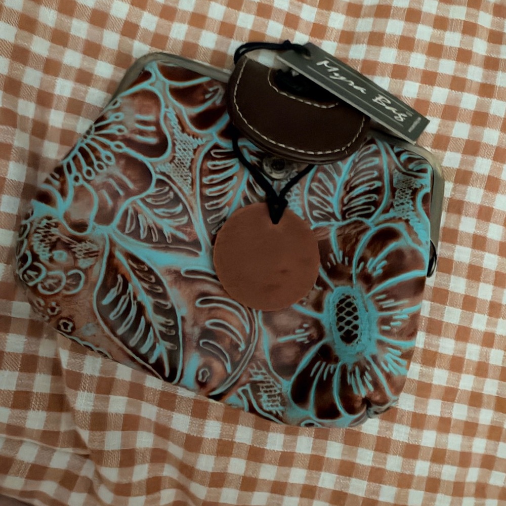 Myra Bag Turquoise & Brown Tooled Floral Leather Clutch